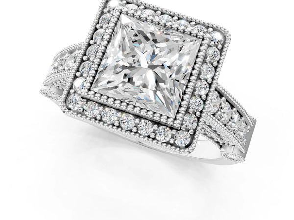 Sterling Silver Princess Cut Vintage Bezel Halo Engagement Ring Setting