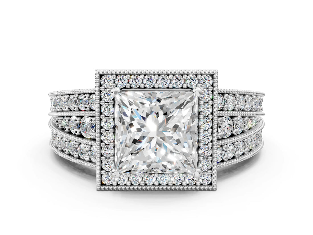 Silver Princess Cut Halo Diamond Split Shank Ring with Prong Setting_7
