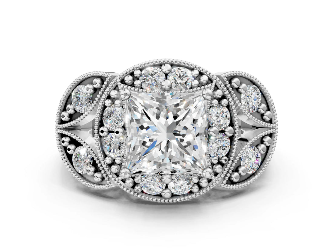 Silver Princess Cut Halo Milgrain Diamond Engagement Ring with Leaf Band and Four-Prong Setting_7