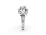 Silver Princess Cut Halo Milgrain Diamond Engagement Ring with Leaf Band and Four-Prong Setting_9