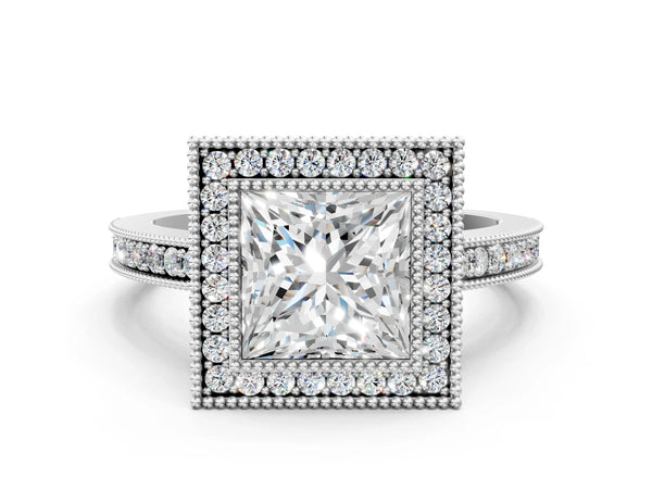 Sterling Silver Princess Cut Double Milgrain Halo Engagement Ring Setting