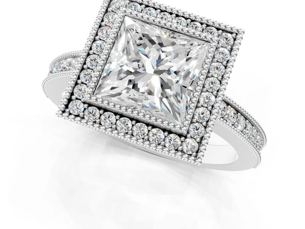 Sterling Silver Princess Cut Double Milgrain Halo Engagement Ring Setting