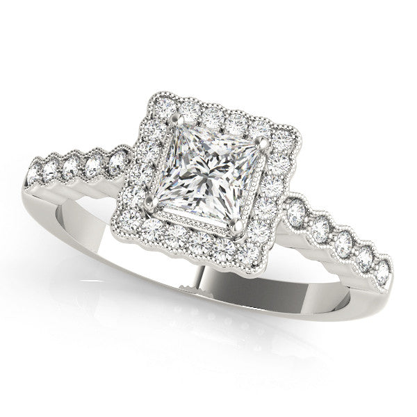 Silver Princess Cut Halo Pavé Solitaire Ring with Milgrain Band 1