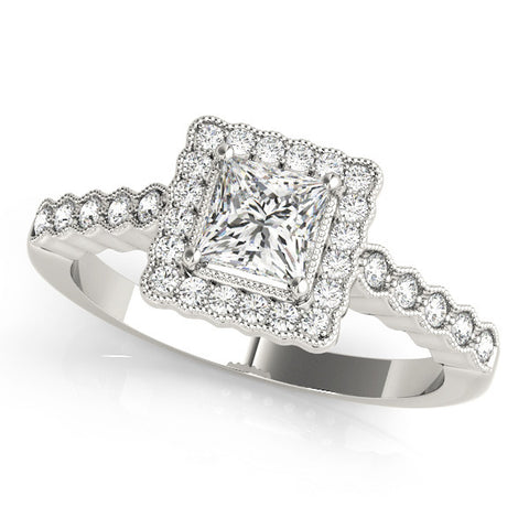 Silver Princess Cut Halo Pavé Solitaire Ring with Milgrain Band 1