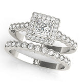 Silver Princess Cut Halo Pavé Solitaire Ring with Milgrain Band 2