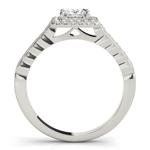 Silver Princess Cut Halo Pavé Solitaire Ring with Milgrain Band