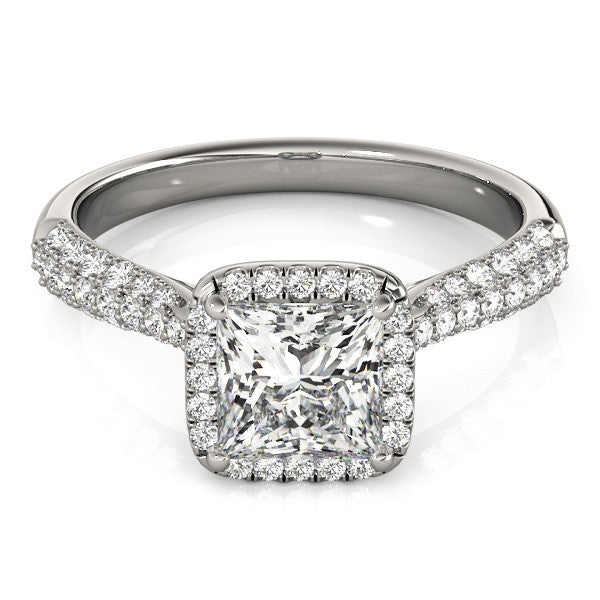Silver Princess Cut Halo Pave Band Four-Prong Setting Ring