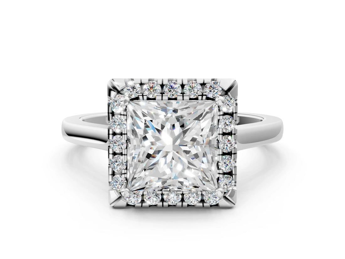 Silver Princess Cut Halo Round Diamond Solitaire Ring with Pavé Band and Four-Prong Setting_12