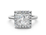 Silver Princess Cut Halo Round Diamond Solitaire Ring with Pavé Band and Four-Prong Setting_12