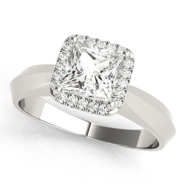 Silver Princess Cut Halo Solitaire Engagement Ring with Square Band and Four-Prong Setting 2