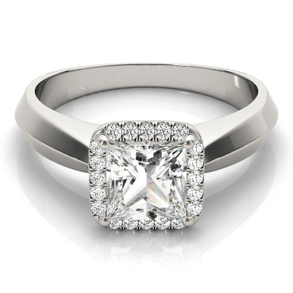 Silver Princess Cut Halo Solitaire Engagement Ring with Square Band and Four-Prong Setting