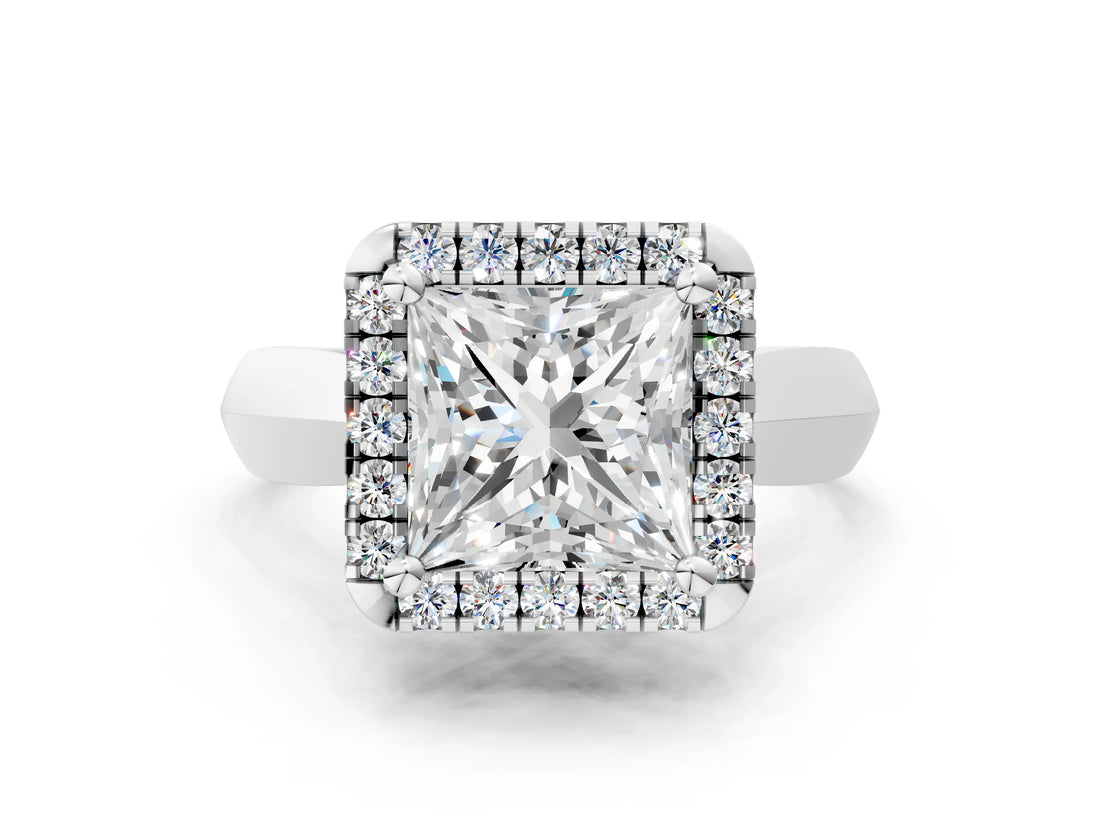 Silver Princess Cut Halo Solitaire Engagement Ring with Square Band and Four-Prong Setting_20