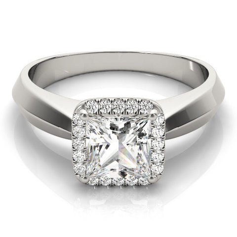 Silver Princess Cut Halo Solitaire Engagement Ring with Square Band and Four-Prong Setting
