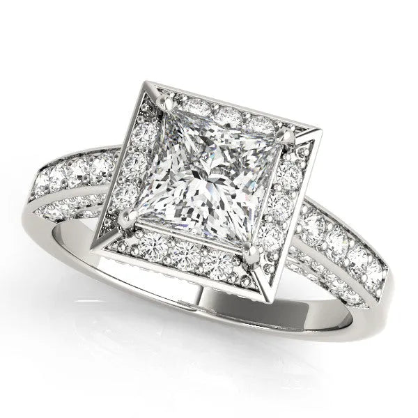 Silver Princess Cut Halo Split Shank Engagement Ring with Four-Prong Setting