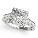 Silver Princess Cut Halo Split Shank Engagement Ring with Four-Prong Setting