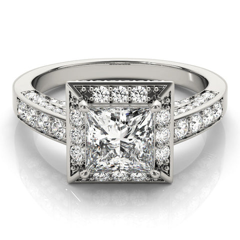 Silver Princess Cut Halo Split Shank Engagement Ring with Four-Prong Setting
