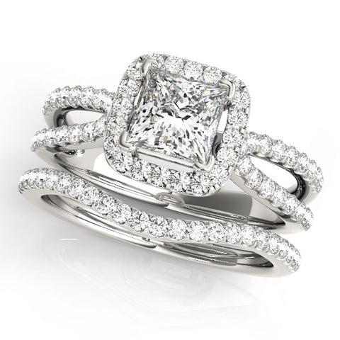 Silver Princess Cut Halo Split Shank Pave Set Ring