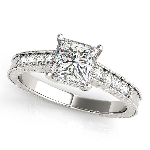 18K White Gold 2.56 Carat E VS1 Princess Cut Milgrain Channel Set Engagement Ring with Solitaire Prong Setting
