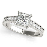 Silver 1.10 Carat E VS1 Princess Cut Milgrain Channel Set Engagement Ring with Solitaire Prong Setting