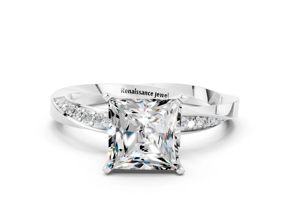 Silver Princess Cut Moissanite Engagement Ring with Side Stone Accents and Four-Prong Setting_12