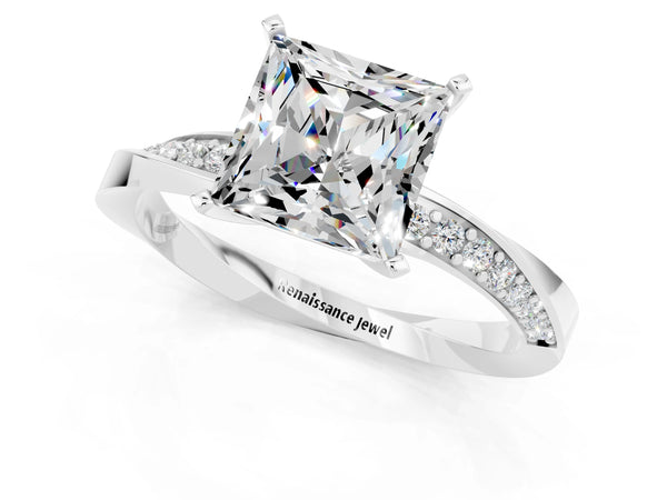 Silver Princess Cut Moissanite Engagement Ring with Side Stone Accents and Four-Prong Setting