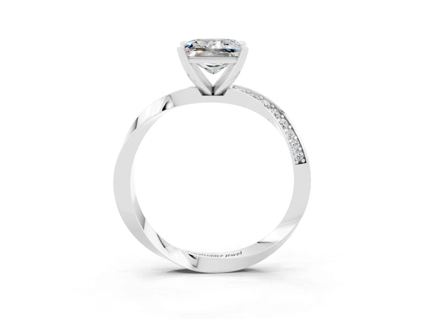 Silver Princess Cut Moissanite Engagement Ring with Side Stone Accents and Four-Prong Setting