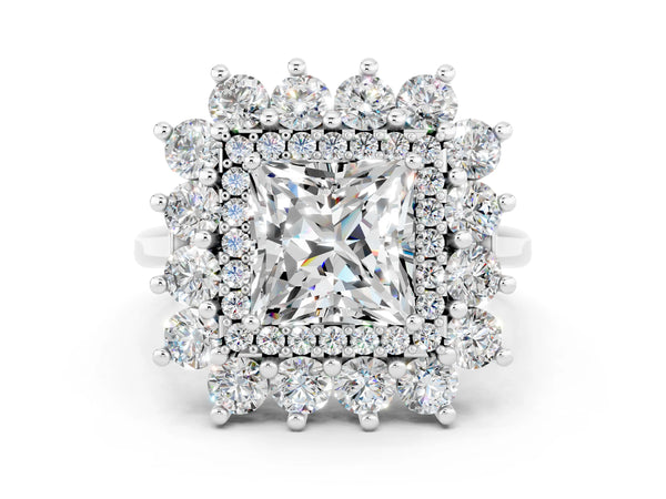Silver Princess Cut Moissanite Floral Double Halo Engagement Ring with Prong Setting