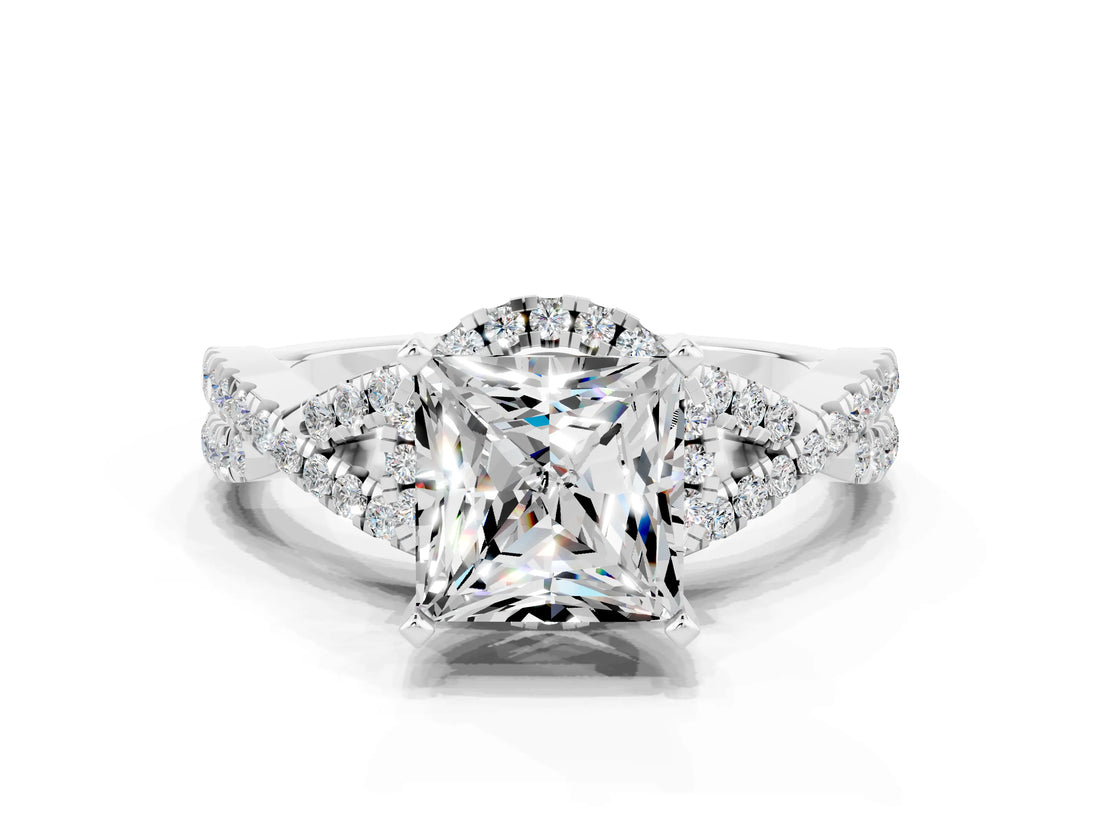 Silver Princess Cut Moissanite  Halo Twist Band Solitaire Prong Setting Ring_12