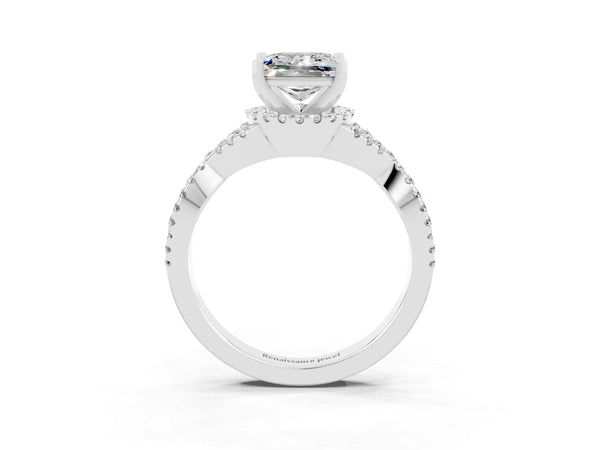 Silver Princess Cut Moissanite  Halo Twist Band Solitaire Prong Setting Ring