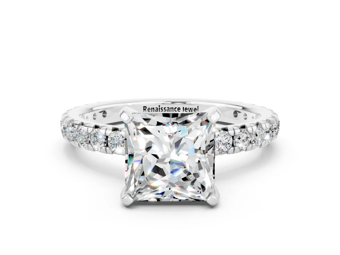 Silver Princess Cut Moissanite Pavé Solitaire Ring with Round Band and Prong Setting_42