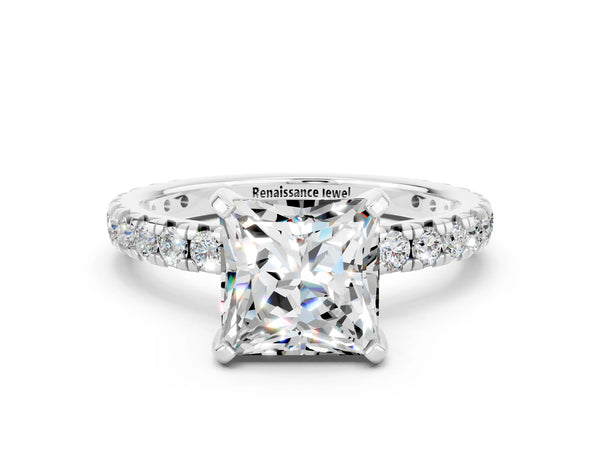 Silver Princess Cut Moissanite Pavé Solitaire Ring with Round Band and Prong Setting