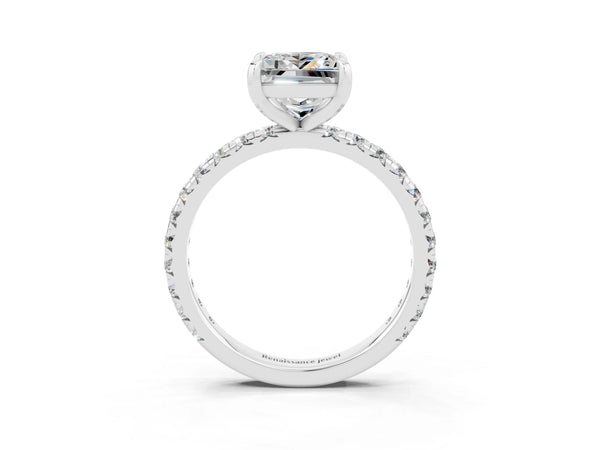 Silver Princess Cut Moissanite Pavé Solitaire Ring with Round Band and Prong Setting