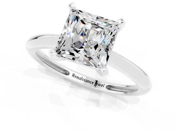 Silver Princess Cut Moissanite Solitaire Engagement Ring with Classic Band and Four-Prong Setting