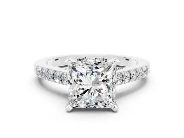 Silver Princess Cut Moissanite Solitaire Ring with Crossover Gallery and Round  Pavé Band