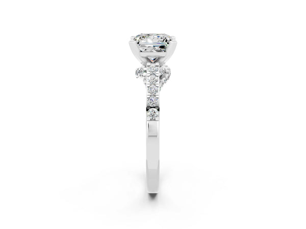 Silver Princess Cut Moissanite Solitaire Ring with Crossover Gallery and Round  Pavé Band
