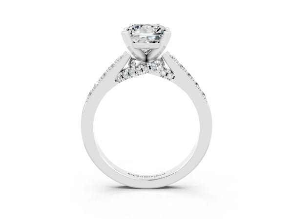 Silver Princess Cut Moissanite Solitaire Ring with Crossover Gallery and Round  Pavé Band