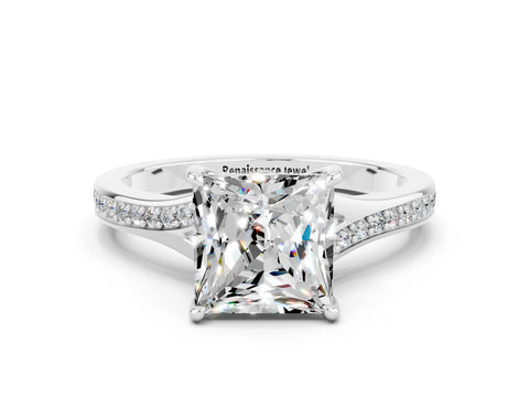 Silver Princess Cut Moissanite Solitaire Ring with Pavé Band and Prong Setting_12