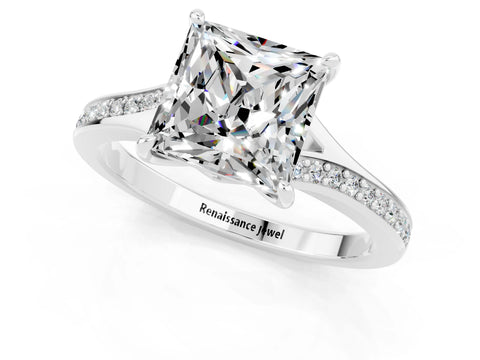Silver Princess Cut Moissanite Solitaire Ring with Pavé Band and Prong Setting_13