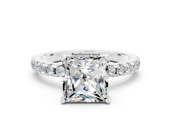 Silver Princess Cut Moissanite Solitaire Ring with Round Pavé Band and Four-Prong Setting