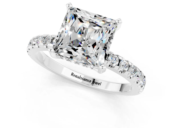Silver Princess Cut Moissanite Solitaire Ring with Round Pavé Band and Four-Prong Setting