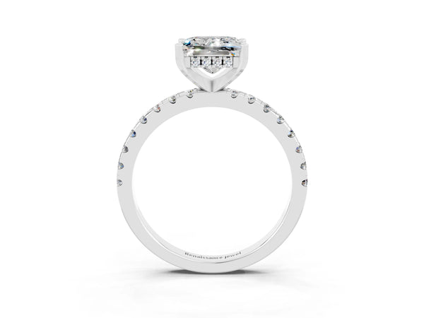 Silver Princess Cut Moissanite Solitaire Ring with Round Pavé Band and Four-Prong Setting