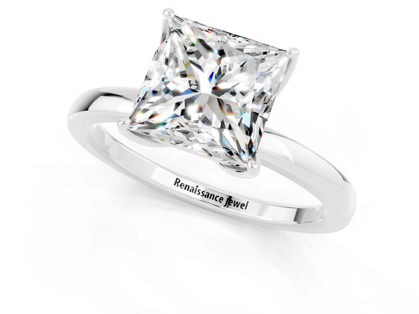 Silver Princess Cut Moissanite Solitaire Ring with Thin Band and Prong Setting