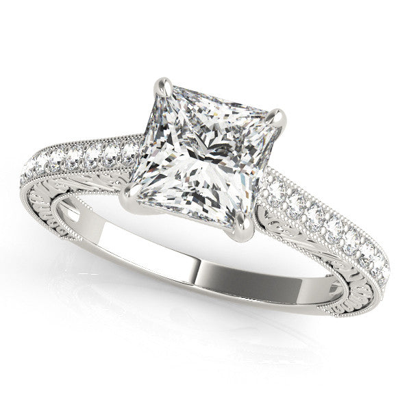 Silver Princess Cut Pave Band Milgrain Solitaire Ring 2