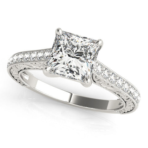 Silver Princess Cut Pave Band Milgrain Solitaire Ring 2