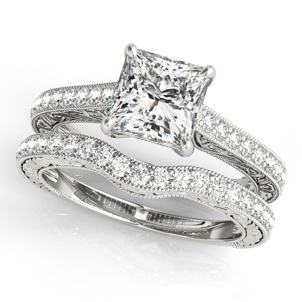 Silver Princess Cut Pave Band Milgrain Solitaire Ring