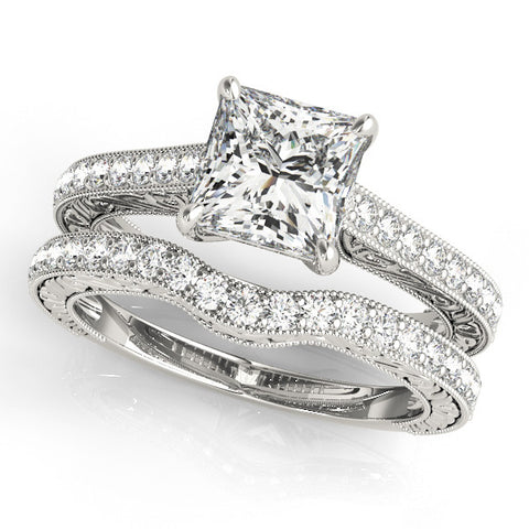 Silver Princess Cut Pave Band Milgrain Solitaire Ring