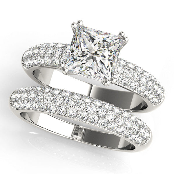 Silver Princess Cut Pave Diamond Engagement Ring with Channel Set Band and Four-Prong Setting