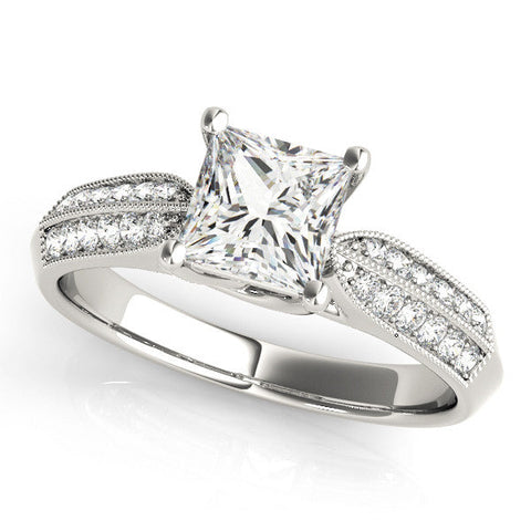 Silver 0.55 Carat E VVS1 Princess Cut Pave Split Shank Engagement Ring with Four-Prong Setting