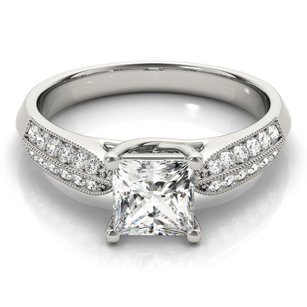 White gold Radiant Cut Cut Pave Split Shank Engagement Ring with Four-Prong Setting