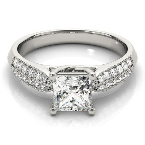 Silver 0.55 Carat E VVS1 Princess Cut Pave Split Shank Engagement Ring with Four-Prong Setting